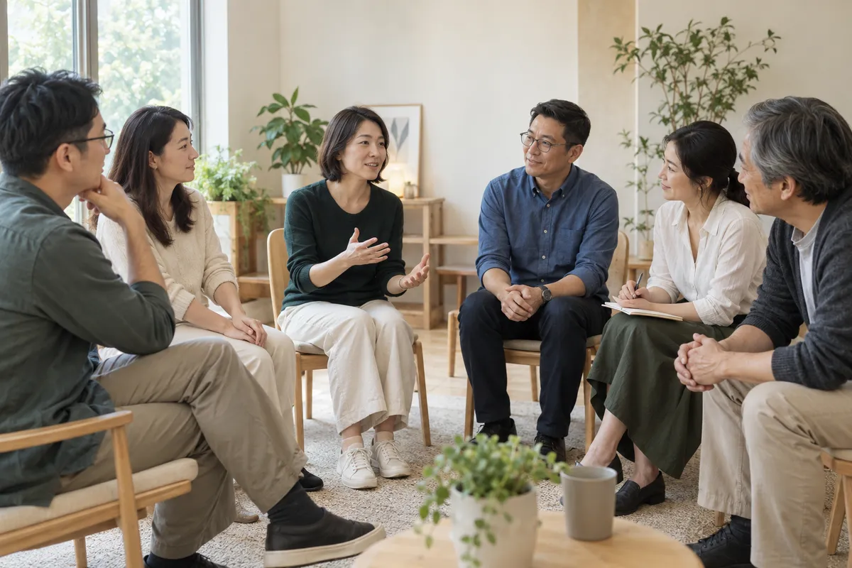 台灣華人成年人在工作坊中專注聆聽與對話的 AI 情境示意